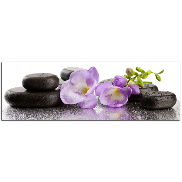 Obraz na plátně - Lávové kameny a fialové květy - panoráma